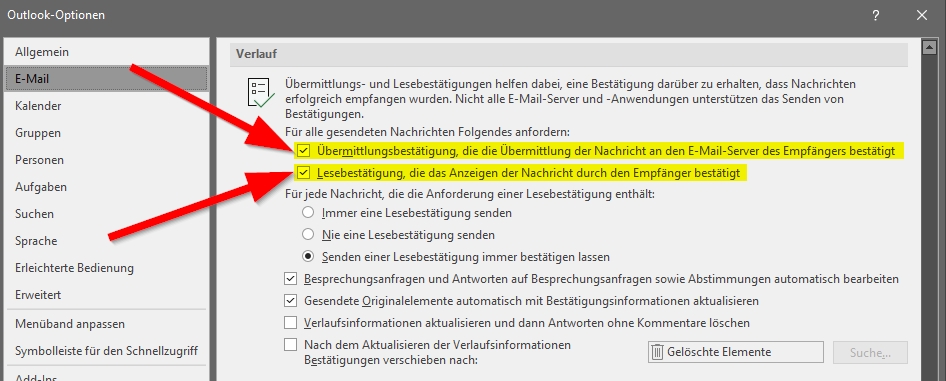 Outlook Zustell und Leseoptionen dauerhaft aktivieren