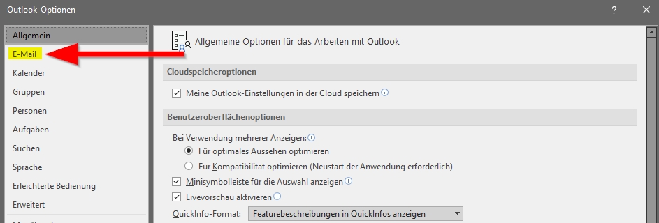 Outlook Fenster Optionen klicke auf E-Mail